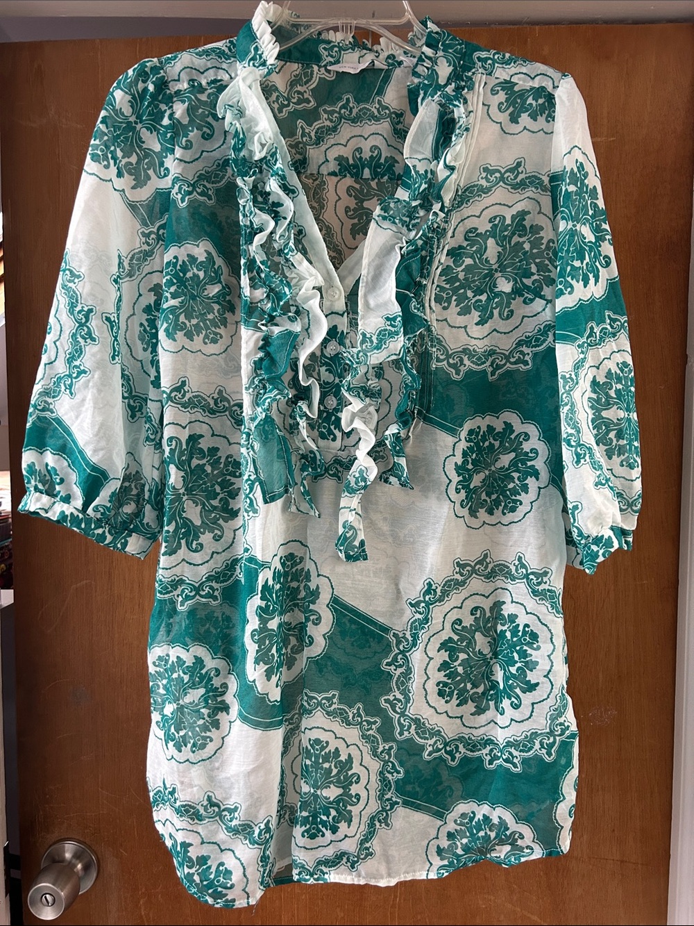 NY&CO Women's Teal and White Ruffled V-Neck Tunic